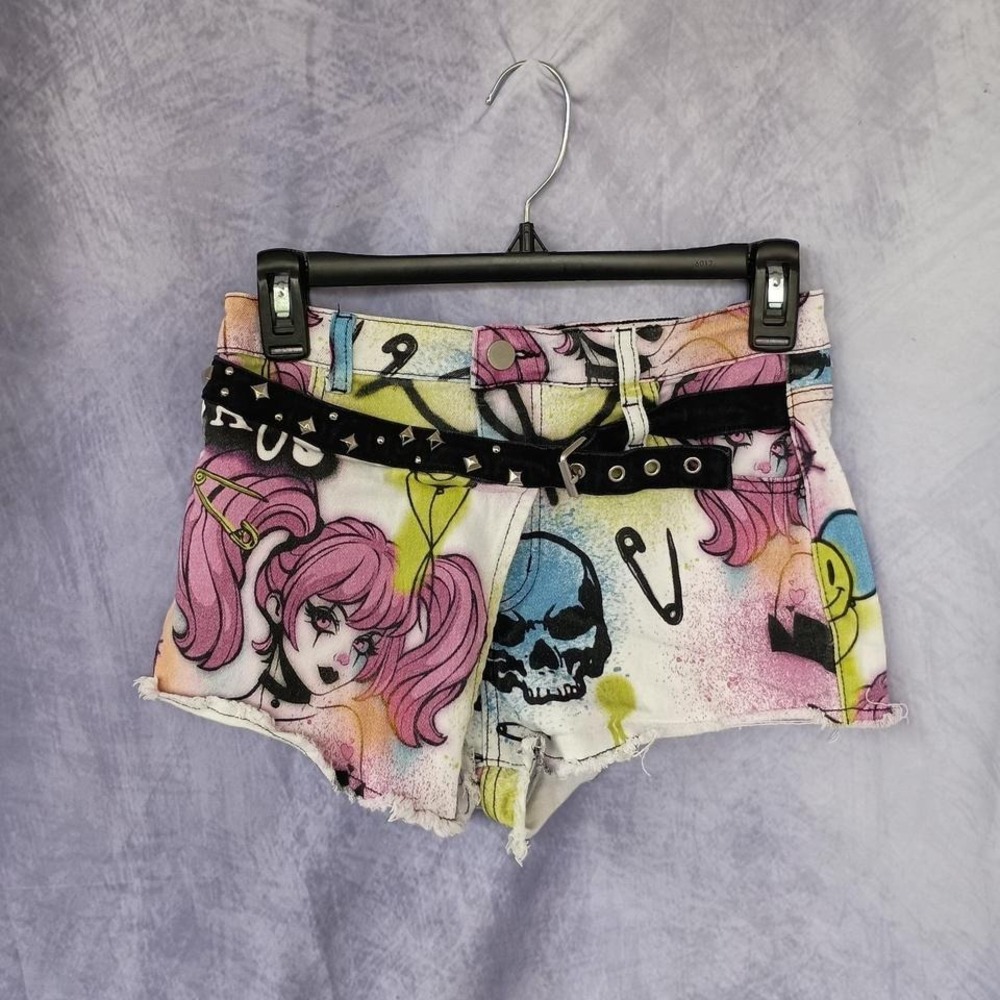 Dolls Kill Current Mood Graphic Denim Shorts Pink Anime Skull Graffiti Punk Y2K